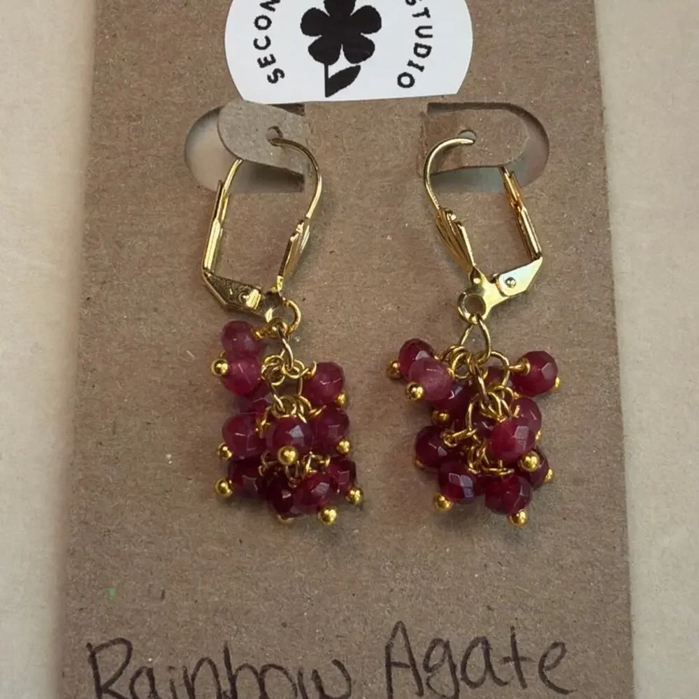 Rainbow Agate Cascade Earrings, Ombre Red & Maroon, 18K Gold Plated, Artisan